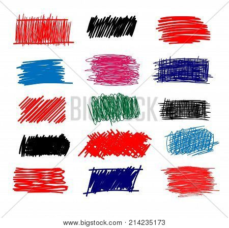 Colorful Set of simple bold hatching doodle lines curves frames. Pencil sketch isolated on white. Vector marker line blots set. Hand drawn black grunge scribble backgrounds for your design