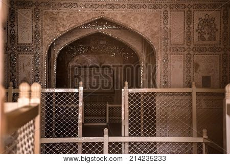Interior of Shish Mahal palace inside wall in Red Fort of Agra, India