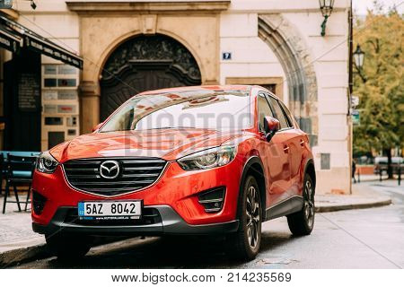 Prague, Czech Republic - September 24, 2017: Front View Of Red Facelift Mazda Cx-5 Car Parked In Street.