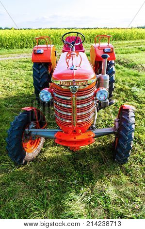 Aldenhoven Germany - October 18 2017: historical tractor made by Hürlimann. The trademark Hürlimann is a Swiss tractor producer established in 1929