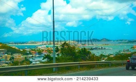 The view of the island of St. Maarten on a sunny day from road