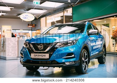 Vilnius, Lithuania - September 21, 2017: Blue color compact crossover SUV Car Nissan Qashqai In Hall Of Shopping Center. SUV produced by the Japanese car manufacturer Nissan since 2006