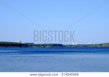 Desnogorsk reservoir is used to cool the second circuit of nuclear power plant. In the background is the power plant.