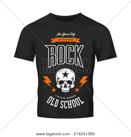 Vintage rock vector logo isolated on dark t-shirt mock up. Premium quality skull logotype tee-shirt emblem illustration.New York City street wear legendary music style old retro tee print design.