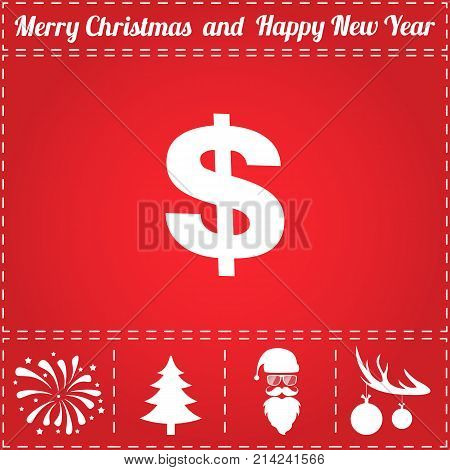 Dollar Icon Vector. And bonus symbol for New Year - Santa Claus, Christmas Tree, Firework, Balls on deer antlers