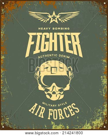 Vintage fighter pilot helmet vector logo isolated on khaki background. Premium quality air force logotype t-shirt emblem illustration poster. Military street wear superior retro tee print design.