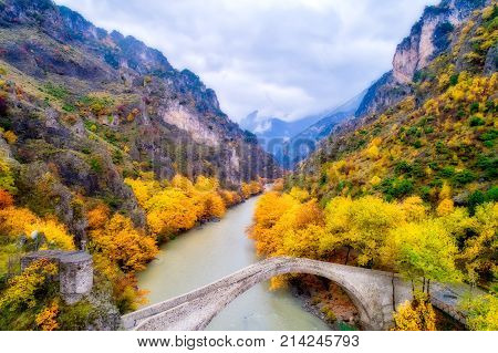 Aerial View Of Konitsa Bridge And Aoos River