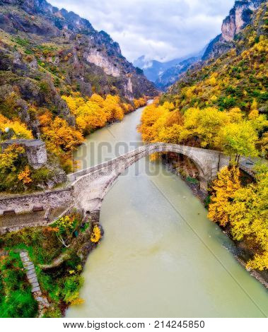 Aerial View Of Konitsa Bridge And Aoos River