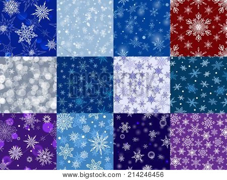 Snowflakes vector icons frozen frost star Christmas decoration snow winter flakes elemets Xmas holiday design. Winter snow traditional beautiful star ornament seamless patetrn