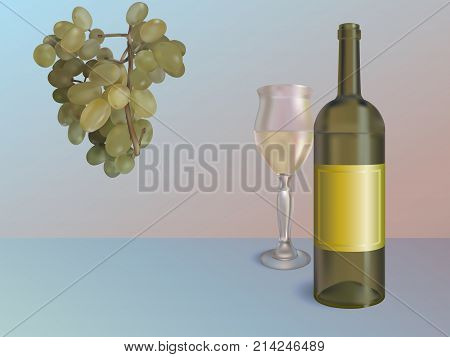 White wine concept illustration. Vector wine bottle with glass and grapes