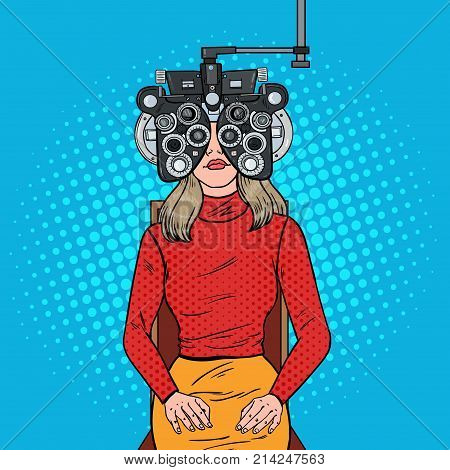 Pop Art Woman Patient at Optometric Clinic with Optical Phoropter. Eye Examination. Vector illustration