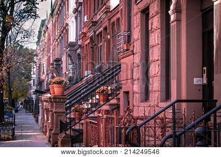 A beautiful brownstone neighborhood in Harlem New York