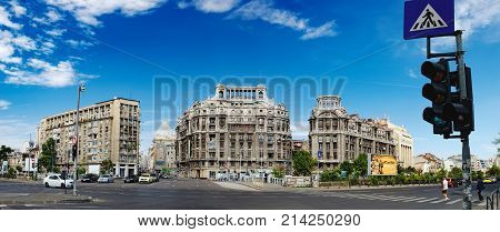 Bucharest, Romania - September 9, 2017: Panoramic view of historical Buildings in Bucharest city center. Blocul Adriatica-Trieste, Imobilul Adriatica are located on famous street Calea Victoriei