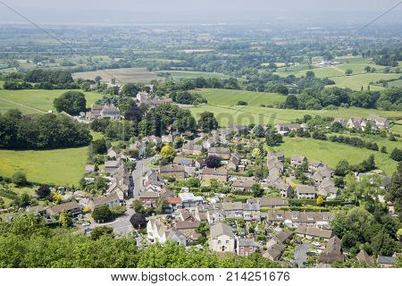 View of the village of North Nibley from the top of the Tyndale Monument on the Cotswold Way Gloucestershire UK