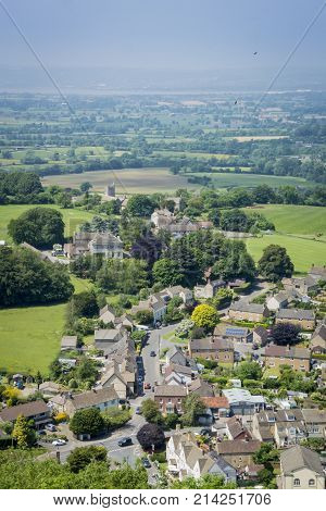 View of the village of North Nibley from the top of the Tyndale Monument on the Cotswold Way Gloucestershire UK