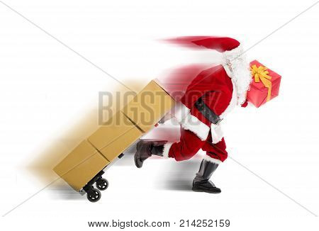 Santa Claus running and delivering Christmas presents