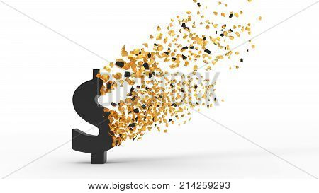 fractured dollar sign dispersing with wind, 3d illustration, isolated on white