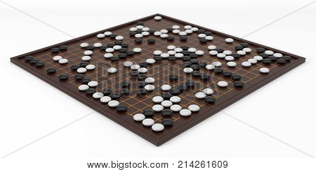 Traditional asian goban board and weiqi go game. 3d illustration. isolated on white