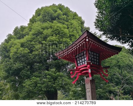 Traditional wooden red old vintage lantern in Japan Tokyo