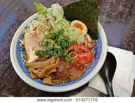 Japanese bukkakesoba buckwheat soba noodle soup served cold