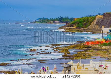 San Juan, Puerto Rico - May 08, 2016: The old Cemetery at San Juan at Puerto Rico and view of the ocean
