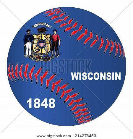 A new white baseball with red stitching with the Wisconsin state flag overlay isolated on white
