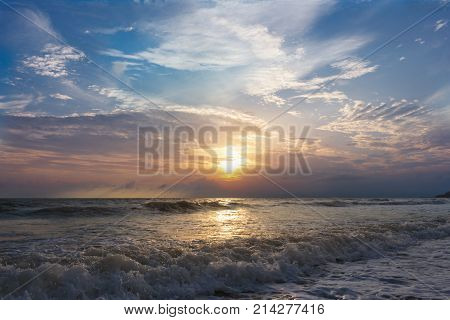 Picture set. High sea waves and morning sky