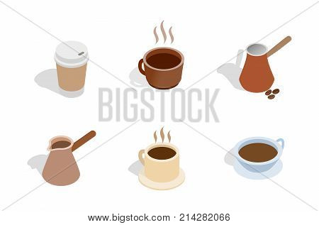 Coffee icon set. Isometric set of coffee vector icons for web design isolated on white background