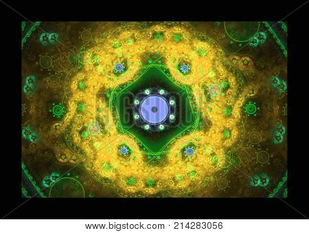 Geometric fractal shape can illustrate daydreaming imagination psychedelic space dreams magic nuclear explosion frequency patterns radiation or music concepts.