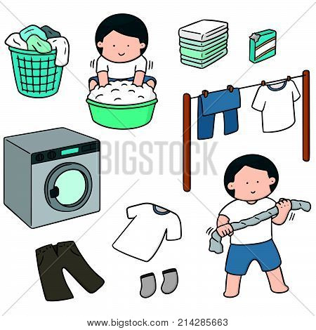 vector set of people washing clothes hand drawn cartoon