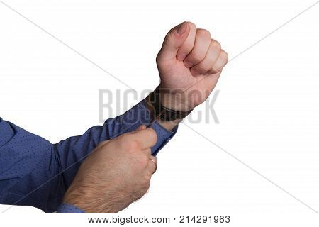 male hands fastened the strap on the watch. on a white background