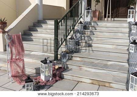 Wedding decoration on the stairs to the church in Emporio, Santorini