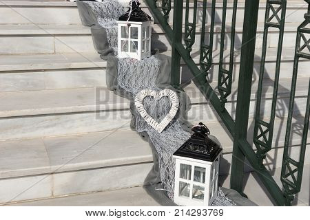 Wedding decoration on the stairs to the church in Emporio, Santorini