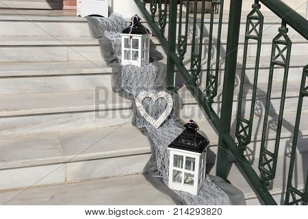 Wedding decoration on the stairs to the church in Emporio, Santorini