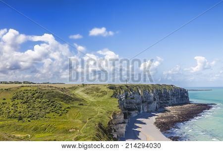 La Tileul beach on the Normandy coast during low tide.