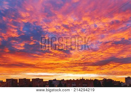 Gorgeous sunset over Odintsovo town. Colorful cloudscape. Moscow region. Russia.