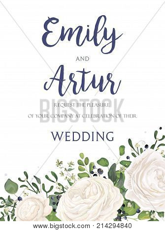 Wedding Invitation invite card Design with watercolor white rose ranunculus garden flower privet blue berry eucalyptus mistletoe green fern leaf greenery. Elegant cute floral border. Vector art layout