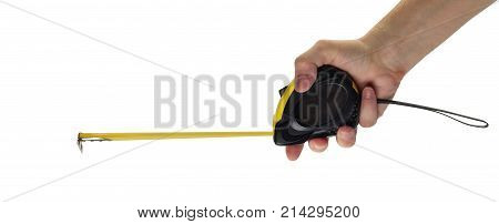 Objects hands action - Self-retracting metal tape measure worker hand isolated white background.