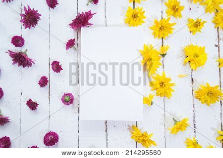 Multicolored flowers on a white wooden mocap background