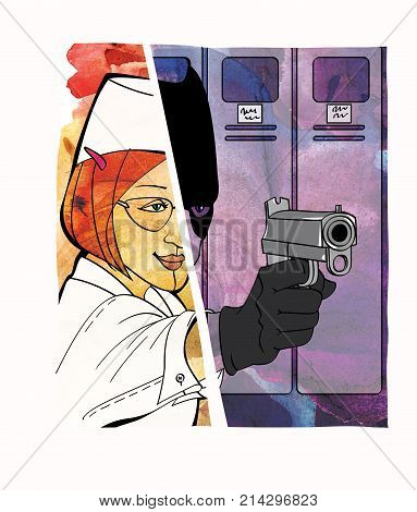 Employee-thief. Theft in the workplace disguise. Good half of the girl and the girl in the form of a bandit with a gun. Comic. Raster computer graphics.