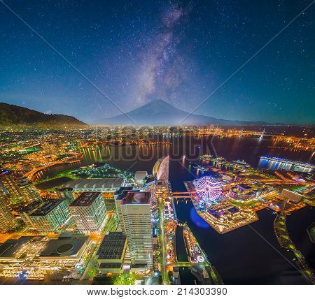 Aerial Night View Of Yokohama Cityscape And Bay At Minato Mirai Waterfront District From Yokohama La