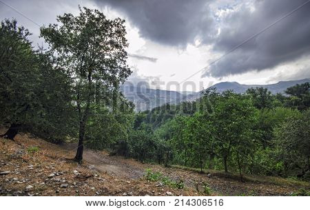 Cycling Mountain Road. Misty Mountain Road In High Mountains. Cloudy Sky With Mountain Road Of Azerb