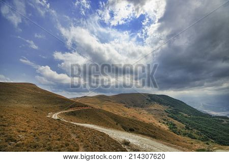 Cycling Mountain Road. Misty Mountain Road In High Mountains. Cloudy Sky With Mountain Road Of Azerb