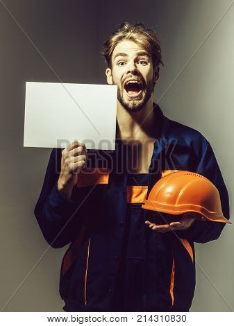 Excited Man Keeps Hard Hat