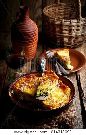 Cheese cake achma traditional Georgian pie . style rustic. selective focus