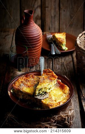 Cheese cake achma traditional Georgian pie . style rustic. selective focus