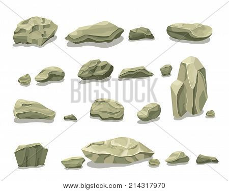 Cartoon colorful gray stones set with boulders rubbles and rocks for pile creation isolated vector illustration
