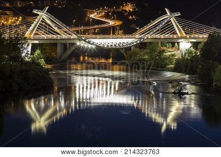 Modern Bridge Over River In Galicia.