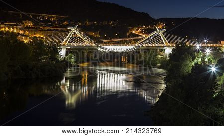 Modern Bridge Over River In Galicia.