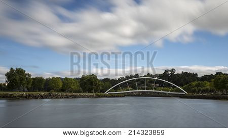 Modern Bridge Over River In Galicia.